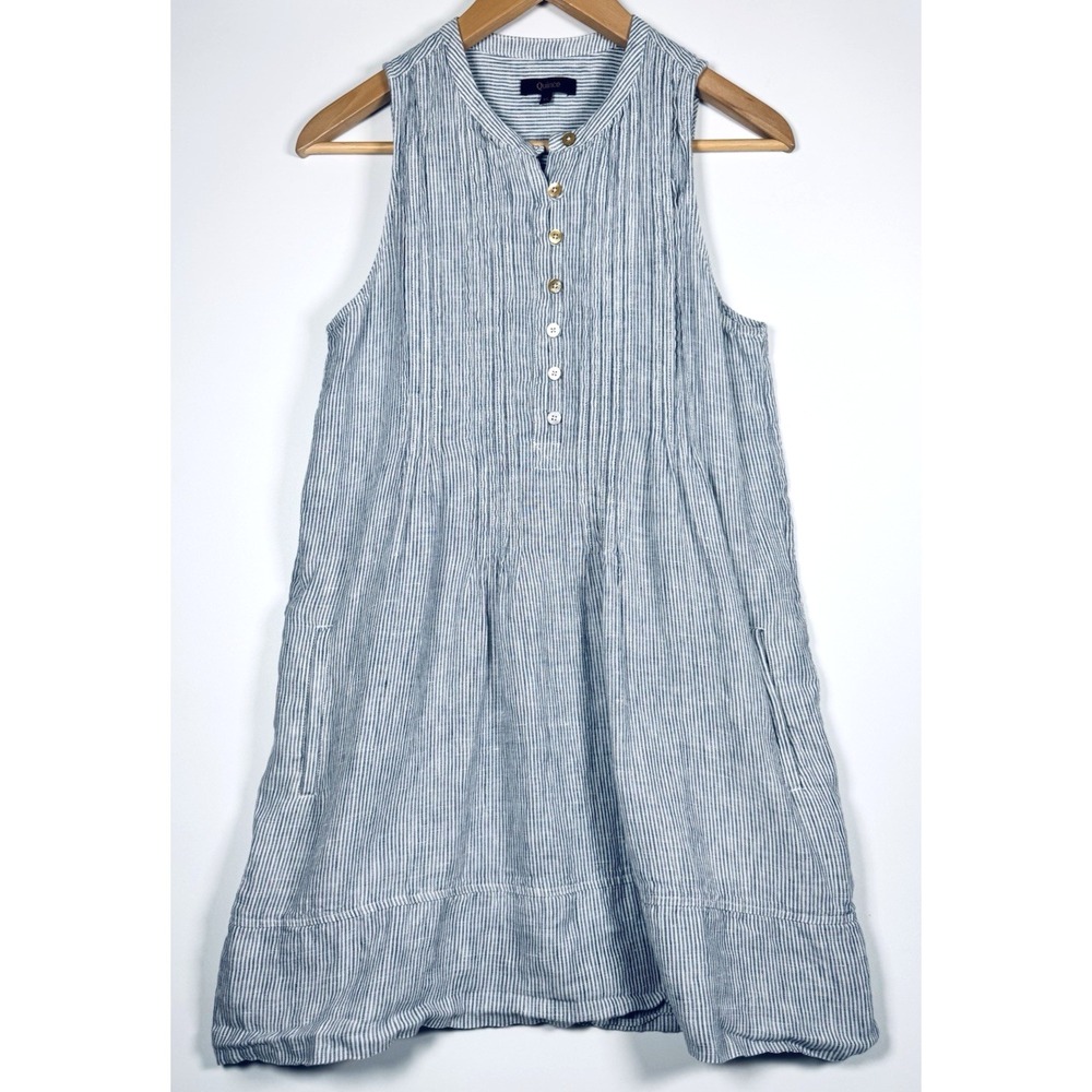 Quince European Linen Swing Dress XS Blue Pinstripe Sleeveless Pockets Coastal